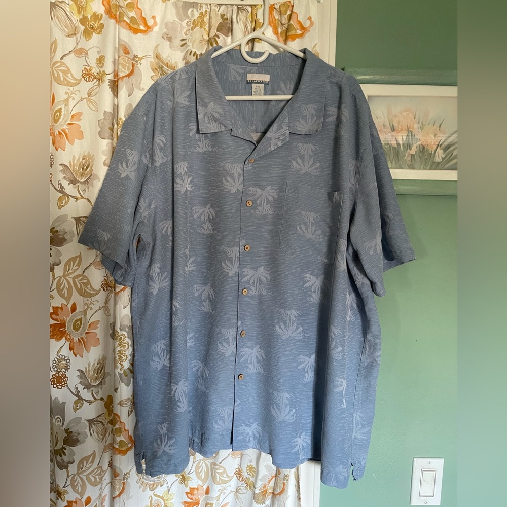 BreakWater Casual Button Up Shirt Mens 100% Silk Short Sleeve XXL Blue